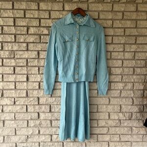 Vintage St John Robin Egg Blue High neck Belted Dress and Jacket Combo S/M